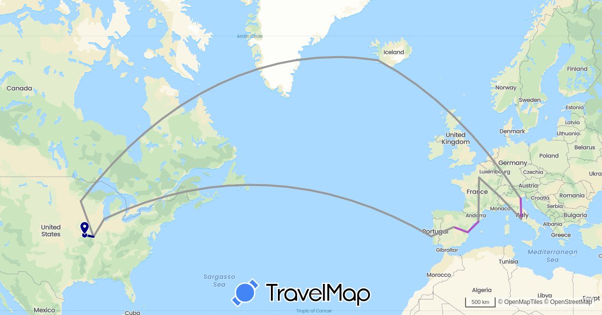 TravelMap itinerary: driving, plane, train in Spain, France, Iceland, Italy, Portugal, United States (Europe, North America)